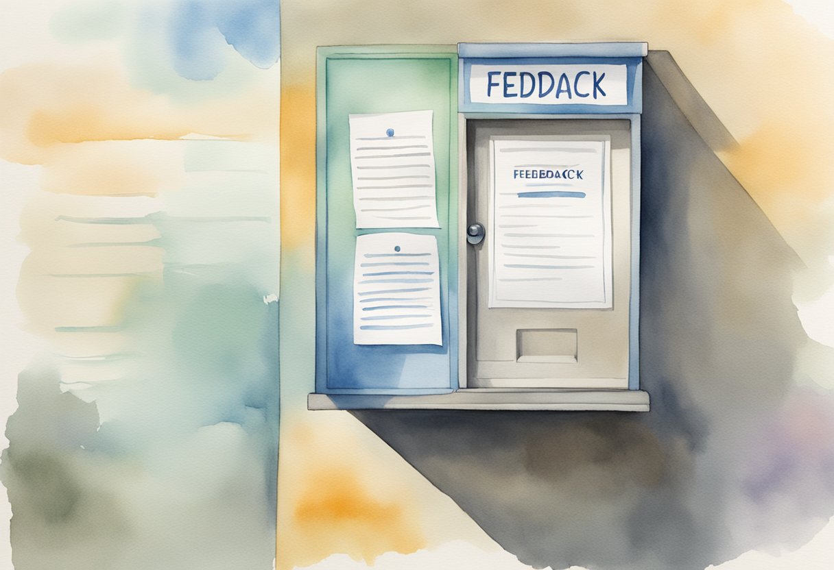 A suggestion box sits on a wall, with a slot for inserting feedback forms. A sign above it encourages employees to provide upward feedback