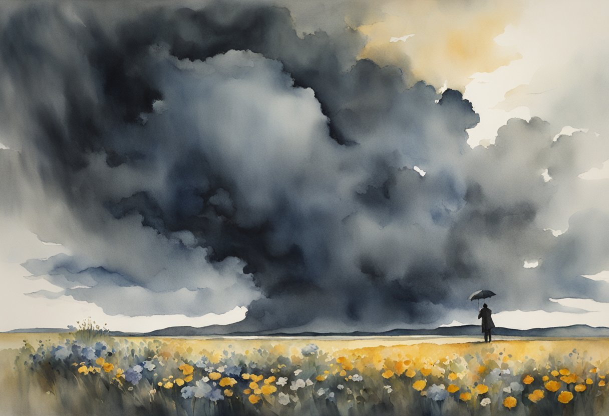 A dark storm cloud hovers over a group of scattered, wilted flowers, as a lone figure stands with a clenched fist, casting a shadow over the scene