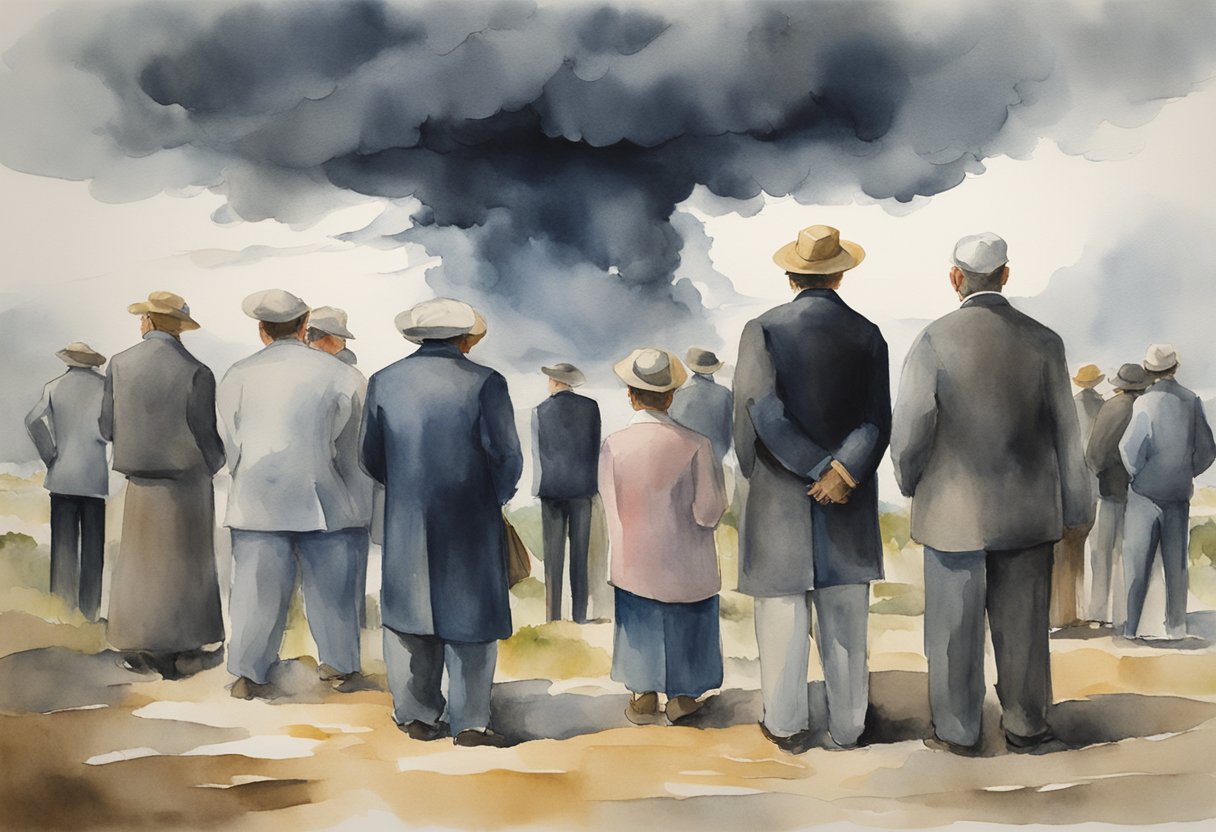 A dark storm cloud looms over a group of disheartened figures, their body language reflecting frustration and confusion. The leader stands aloof, arms crossed, with a scowl on their face