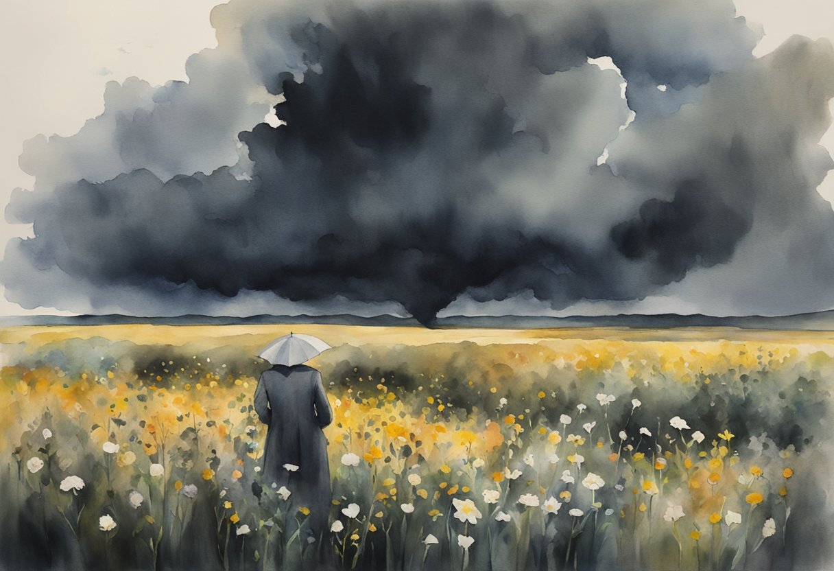 A dark storm cloud hovers over a group of wilted flowers, while a sign with warning symbols stands nearby. A shadowy figure looms in the background, exuding an aura of intimidation and control