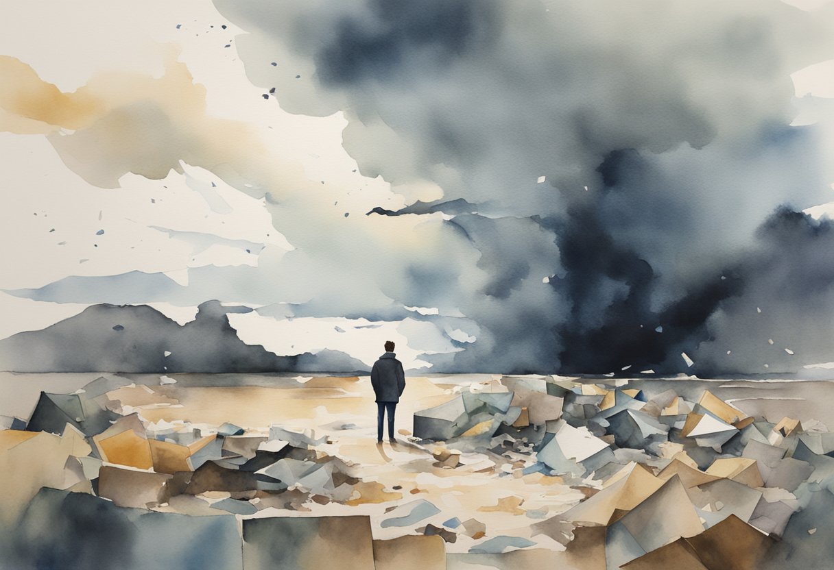 A figure standing alone, with a dark cloud hovering above, surrounded by scattered papers and broken objects