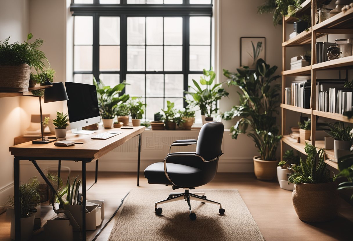 A cozy home office with a spacious desk, ergonomic chair, organized shelves, and natural lighting. A warm color palette, plants, and personal touches create a welcoming and productive atmosphere. Espaço de Trabalho