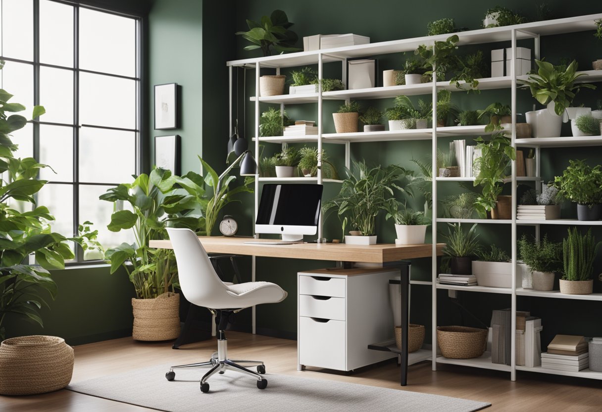 A cozy home office with a spacious desk, ergonomic chair, natural lighting, and organized shelves. A plant adds a touch of greenery, creating a functional and inviting workspace