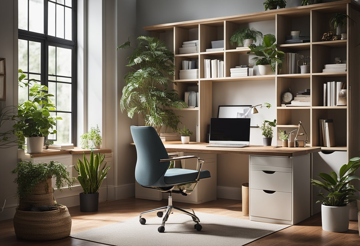 A cozy home office with a spacious desk, ergonomic chair, and organized storage. Natural light fills the room, with plants and personal touches adding warmth