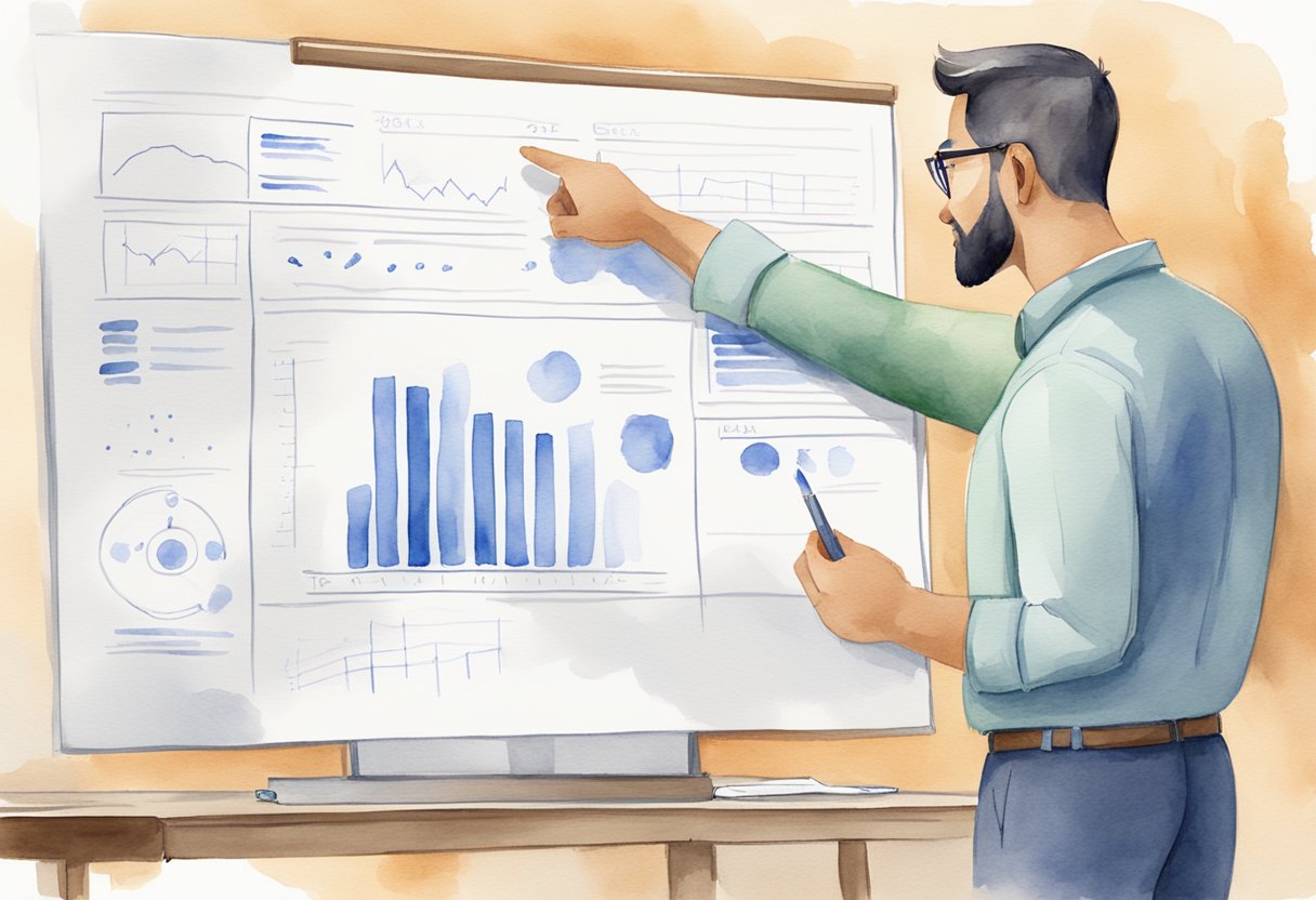 A team leader stands at a whiteboard, pointing to a chart of goals and strategies. The team members are engaged, nodding and taking notes