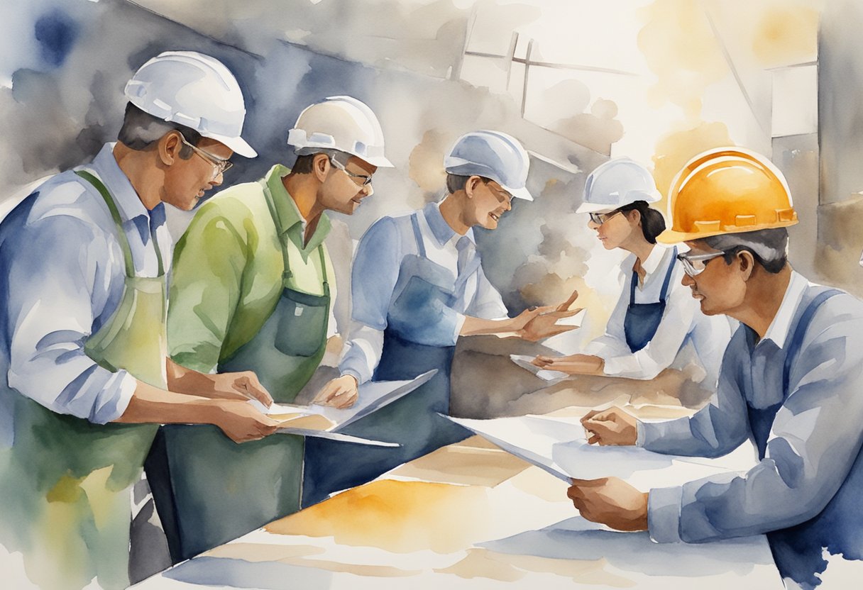 A group of workers engaged in collaborative tasks, displaying enthusiasm and focus. A leader provides clear direction and support, fostering a positive and motivating work environment