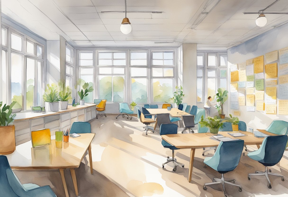 A bright, open office space with comfortable seating and collaborative work areas. A wall covered in motivational quotes and a whiteboard for brainstorming ideas. Natural light streams in through large windows, creating a positive and energizing atmosphere