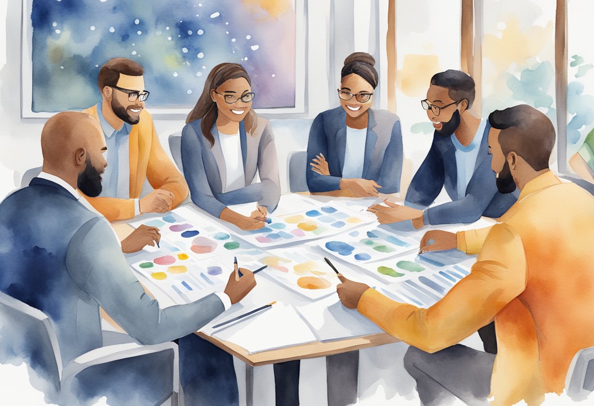 A group of diverse employees engage in collaborative discussions, surrounded by motivational quotes and growth-oriented visuals. Leaders offer guidance and support