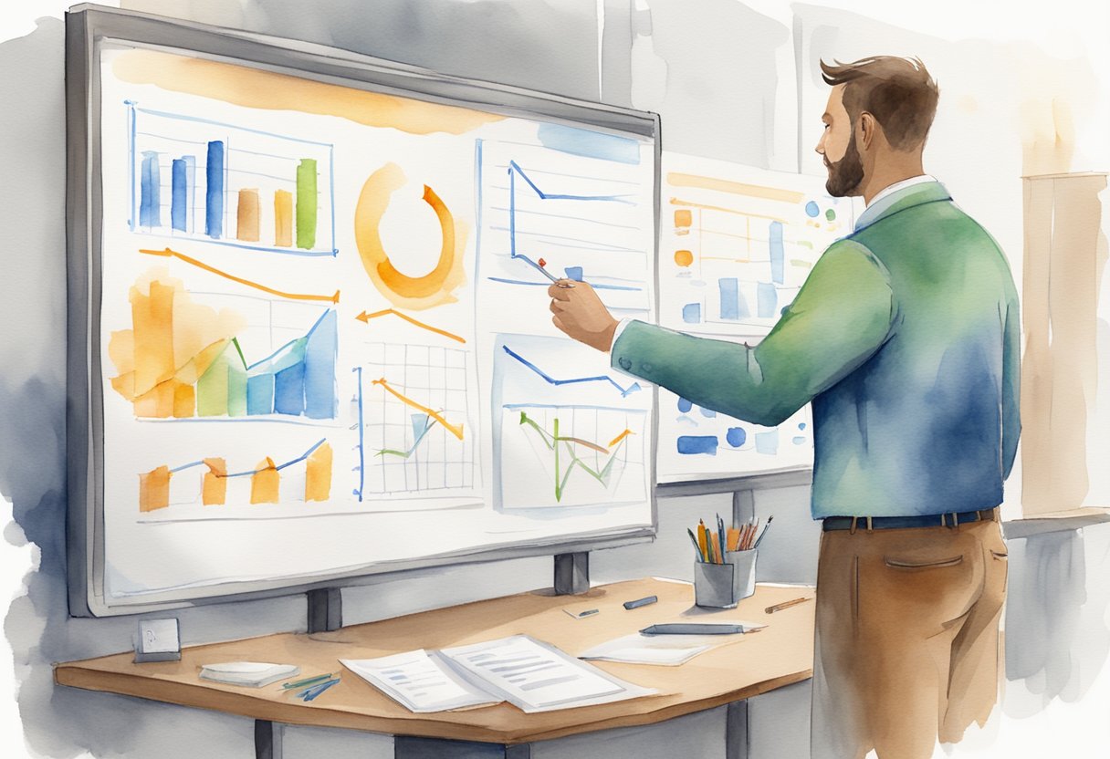 A leader stands at a whiteboard, mapping out a reward system. Charts and graphs show progress and potential incentives for team members