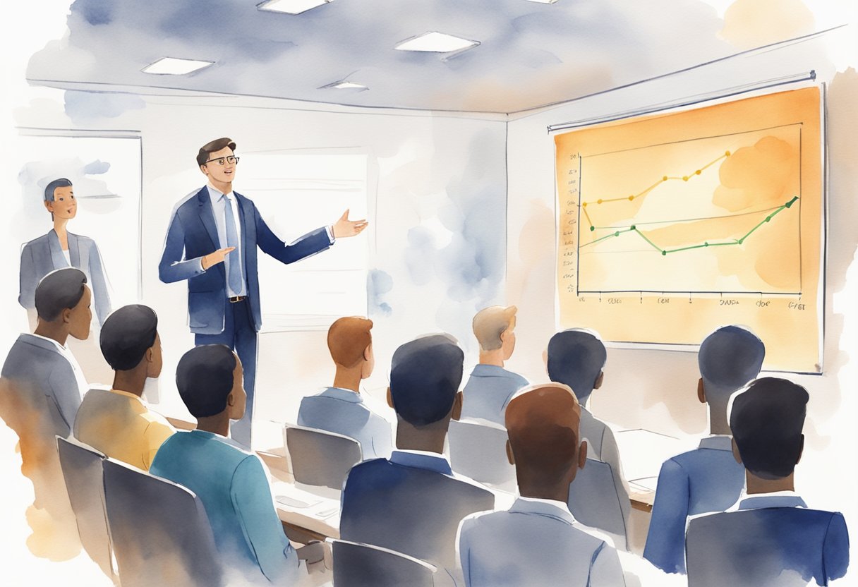 A leader stands at the front of a room, gesturing towards a chart of increasing performance metrics. The team members are gathered around, listening attentively and nodding in agreement