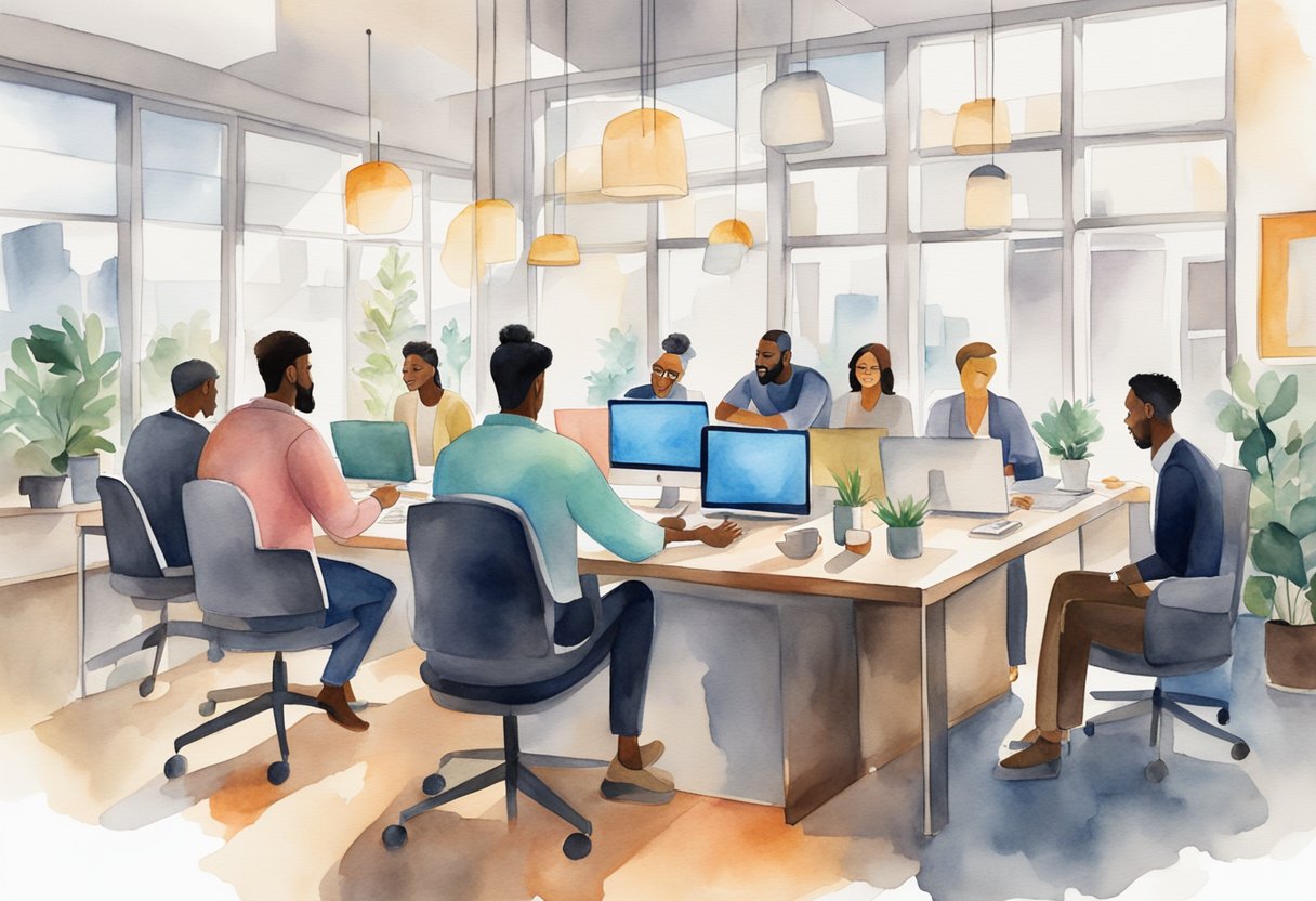 A group of diverse individuals collaborating in a modern office space, with open communication and a supportive atmosphere