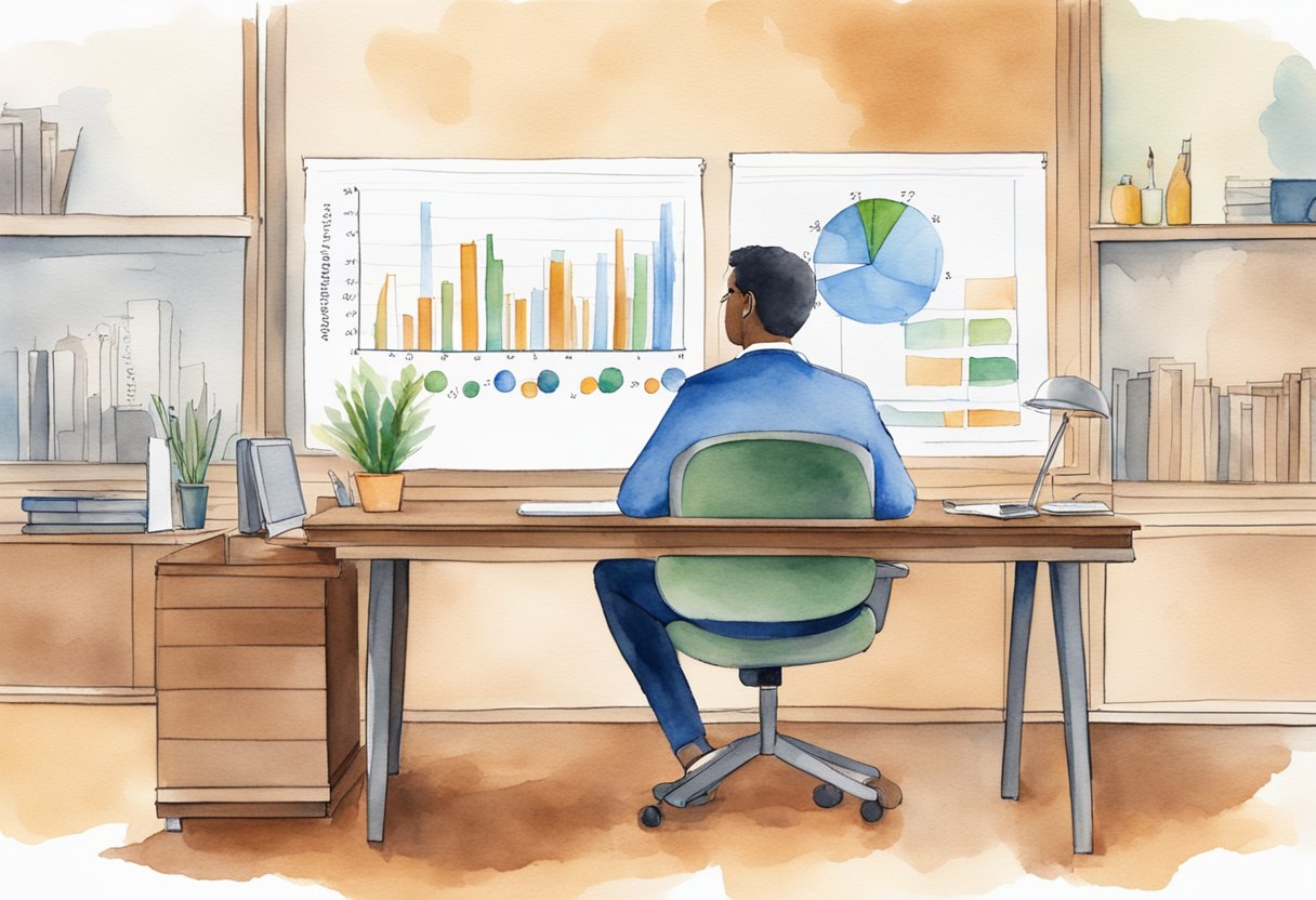 A person sits at a desk, listening attentively to a career counselor. Charts and graphs on the wall illustrate the differences between career counseling and coaching