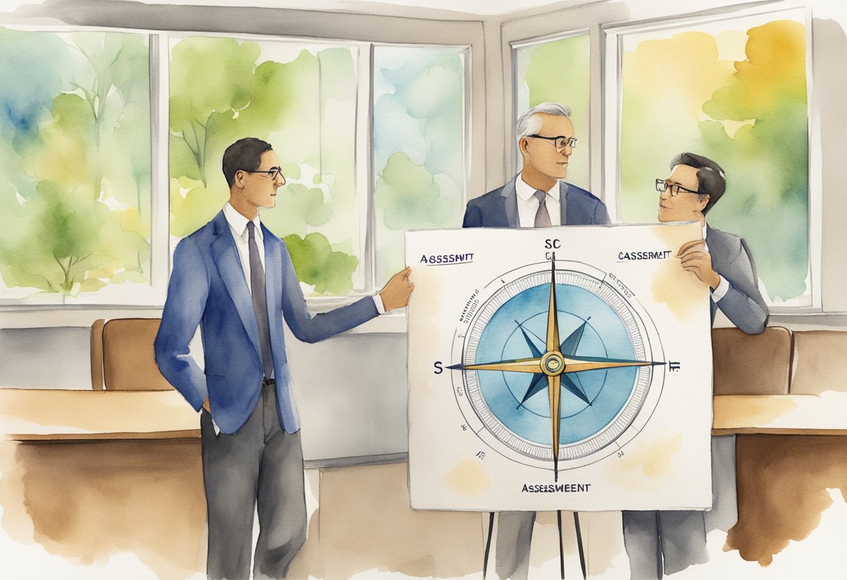 A counselor and a coach stand on opposite sides of a career compass, each pointing in different directions. The counselor holds a map labeled "skills assessment" while the coach holds a "goal setting" sign