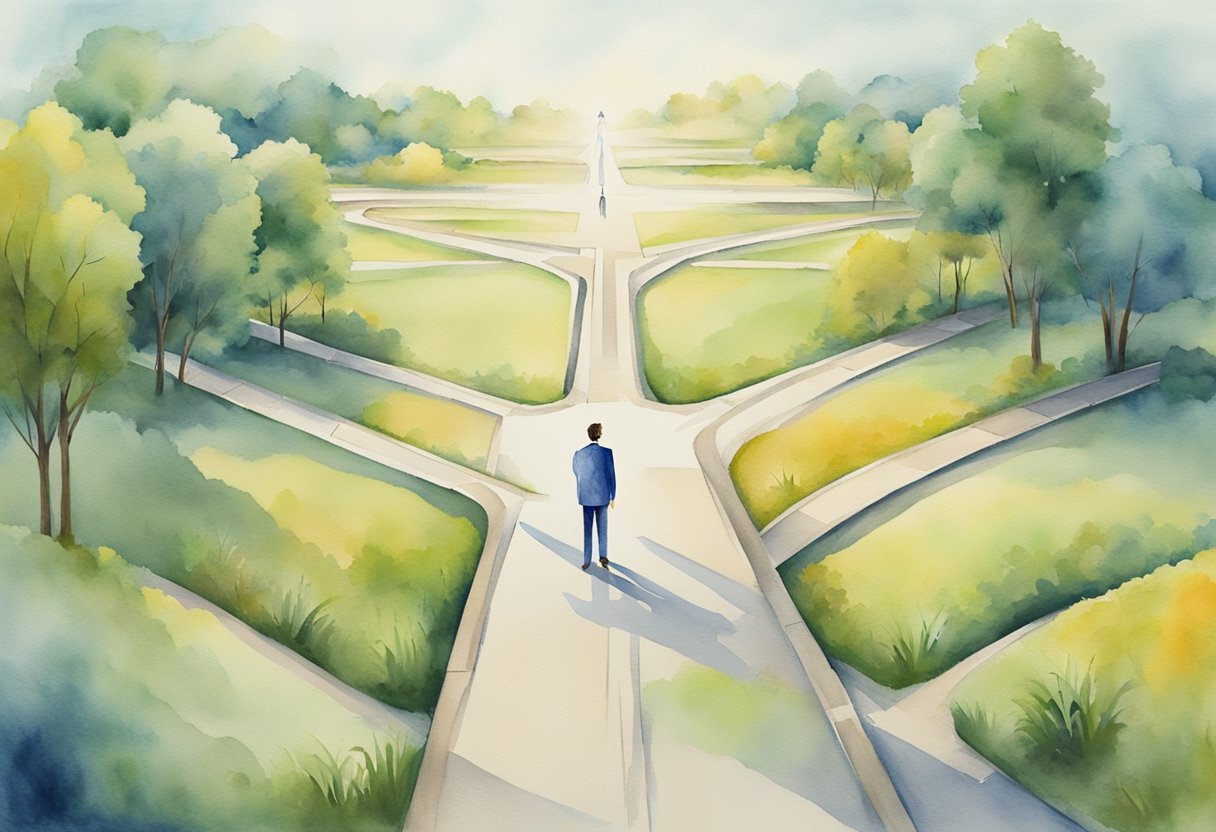 A person standing at a crossroads, with one path leading to career counseling and the other to career coaching. Signposts indicate various strategies for career development