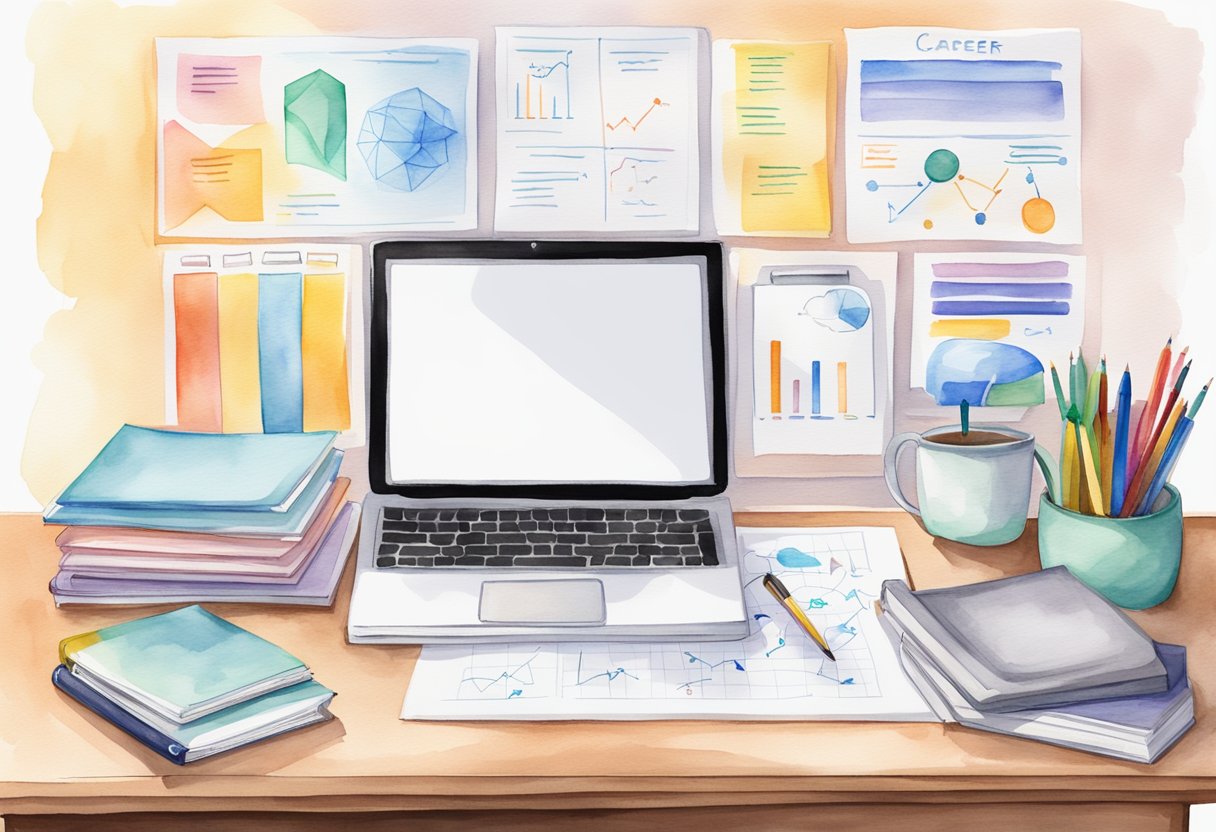 A desk with a laptop, notepads, pens, and career counseling books next to a whiteboard with career coaching diagrams and charts