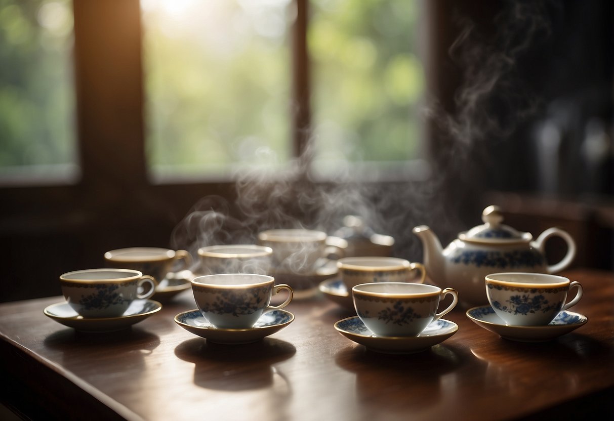 A table with different teacups, each filled with pu-erh tea. Steam rises from the cups, and the room is filled with the earthy aroma of the tea