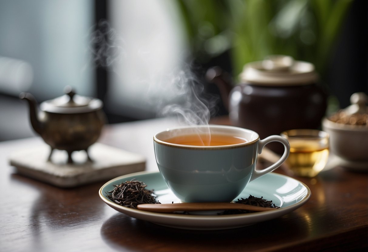 A cup of pu erh tea emits a rich, earthy aroma. Its taste is smooth and bold, with hints of wood, leather, and a subtle sweetness