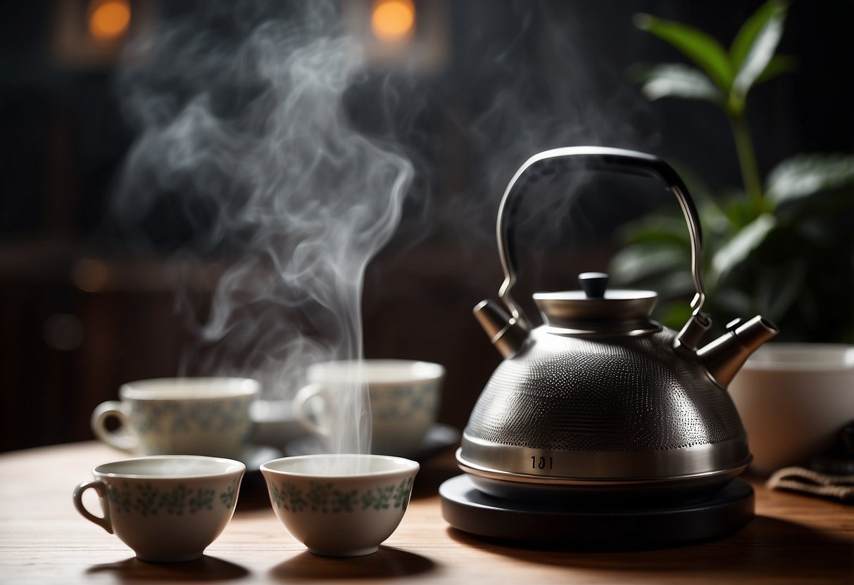 A steaming kettle pours water over a pile of pu-erh and oolong tea leaves in separate pots, as a timer ticks in the background