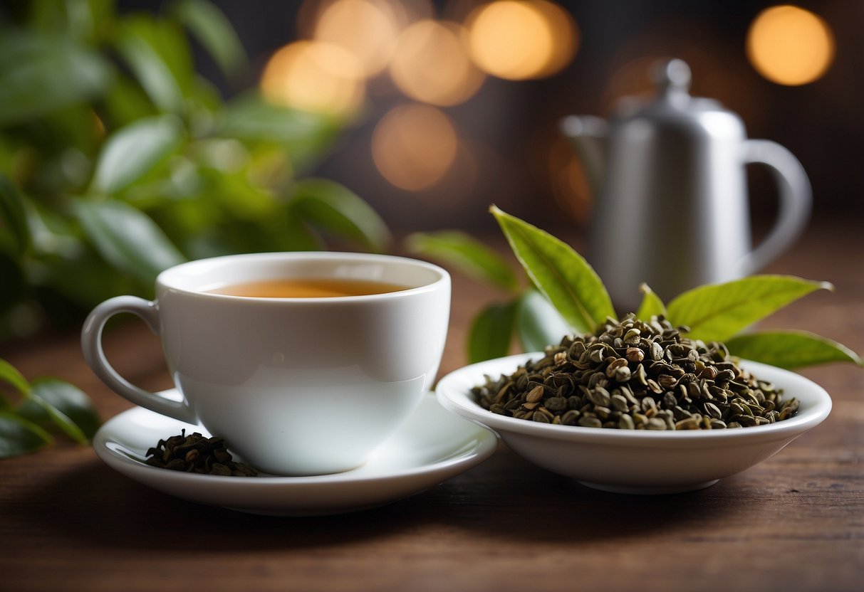 A cup of pu-erh and oolong tea side by side, surrounded by fresh tea leaves and a sign listing their health benefits and claims