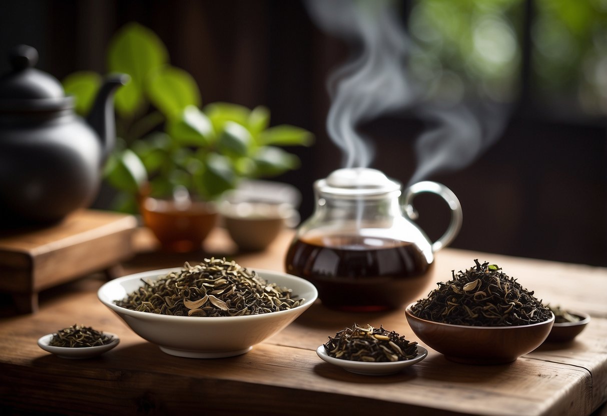 A steaming pot of pu erh and oolong tea brewing side by side on a wooden table, surrounded by teacups and a variety of tea leaves