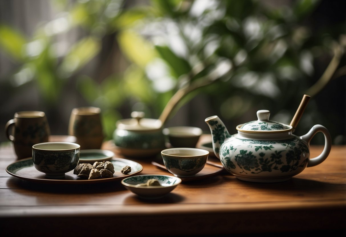 A traditional Chinese tea ceremony showcases the cultural significance of pu-erh and oolong tea, with intricate teapots, cups, and bamboo trays