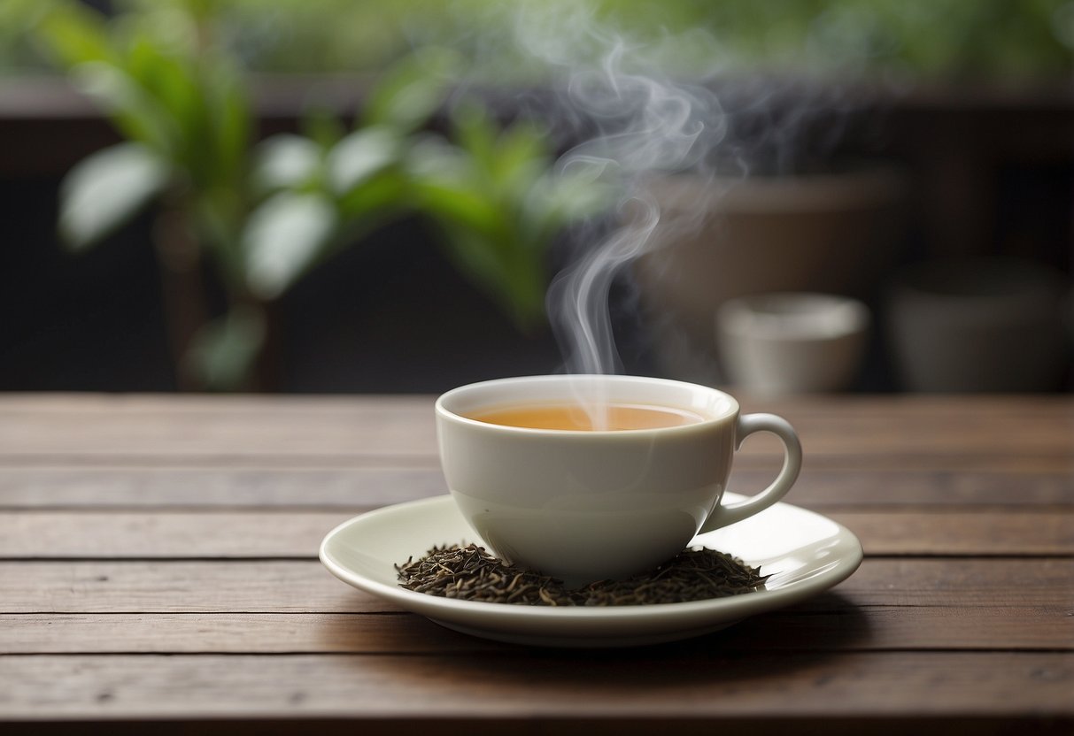 A steaming cup of Pu-erh tea sits on a wooden table, surrounded by loose tea leaves and a traditional Chinese tea set. A serene, natural setting with soft lighting completes the scene