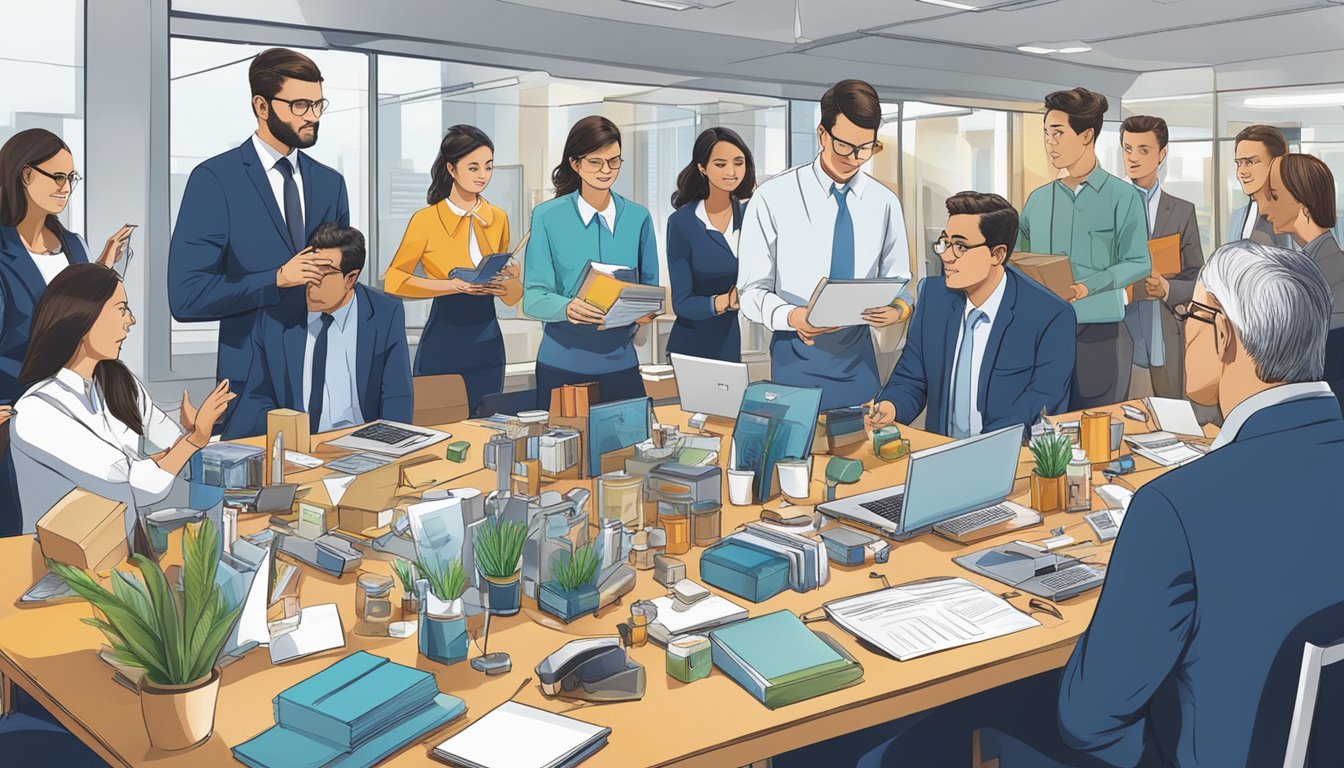 A table adorned with various corporate gifts, surrounded by employees discussing and reviewing the items