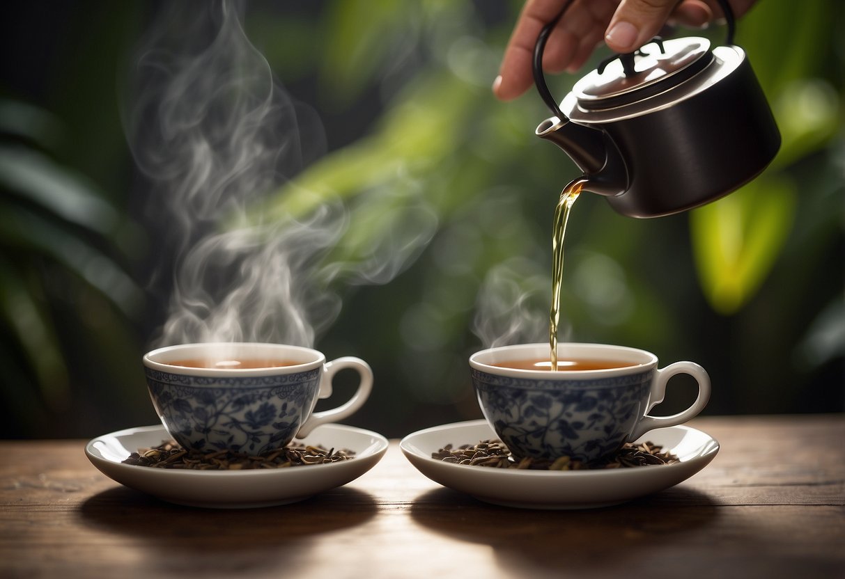 A hand pours hot water over pu erh and black tea leaves in separate cups. The steam rises as the leaves steep, creating a contrast in color and texture