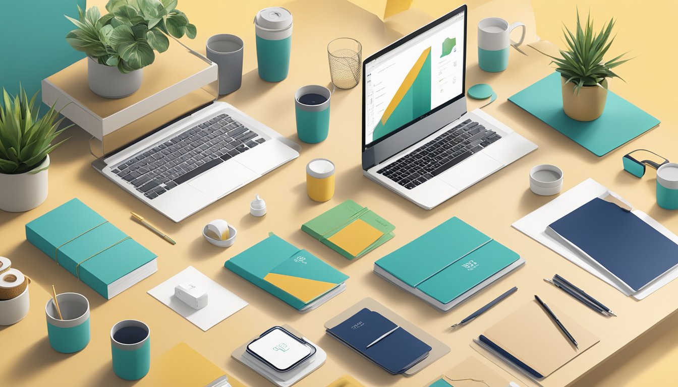 A table adorned with a variety of corporate gifts, including branded stationery, eco-friendly drinkware, and sleek tech accessories, displayed in a modern, minimalist setting
