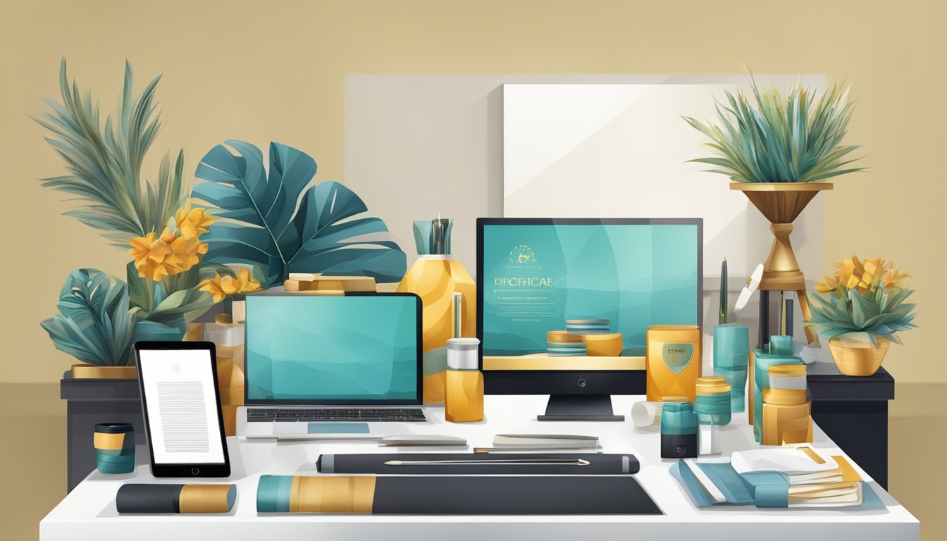 A table adorned with elegant corporate gifts, showcasing quality and craftsmanship. The room is filled with a sense of professionalism and sophistication