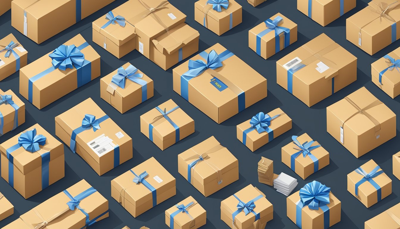 A stack of branded corporate gifts being packed into boxes for delivery, with shipping labels and packing materials scattered around