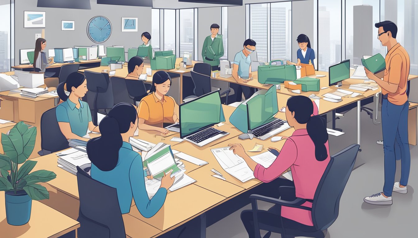A group of employees at a modern office space exchanging and reviewing corporate gifts from The Social Space Pte Ltd