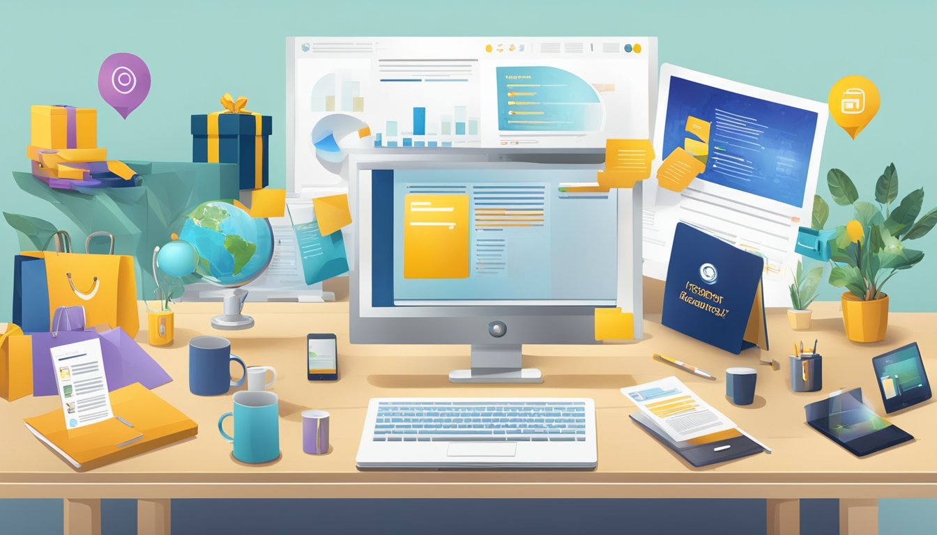 A group of diverse corporate gifts arranged neatly on a table, with a backdrop of positive customer testimonials and reviews displayed on a large screen