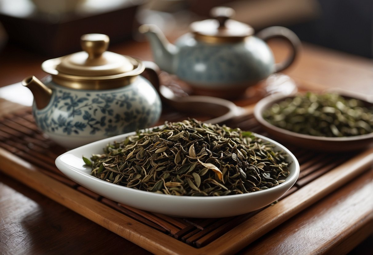 A variety of Chinese tea leaves displayed on a wooden table, with steaming cups and traditional teapots in the background