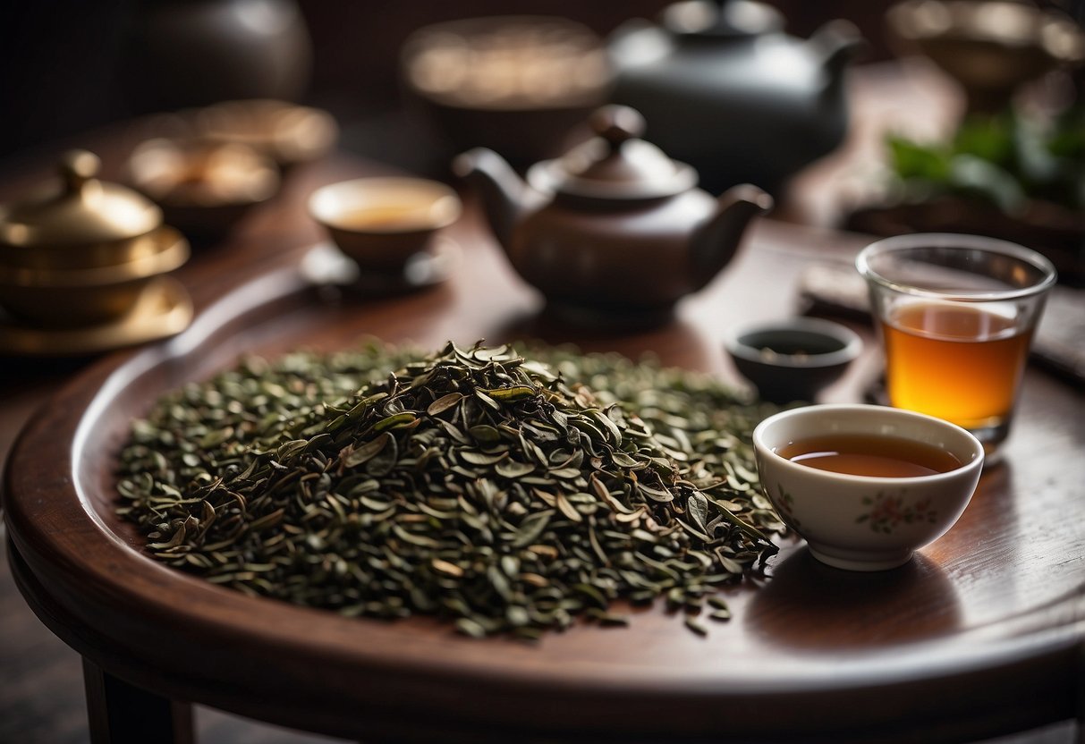 Chinese tea leaves spread across a traditional tea table, surrounded by historical artifacts and ancient scrolls