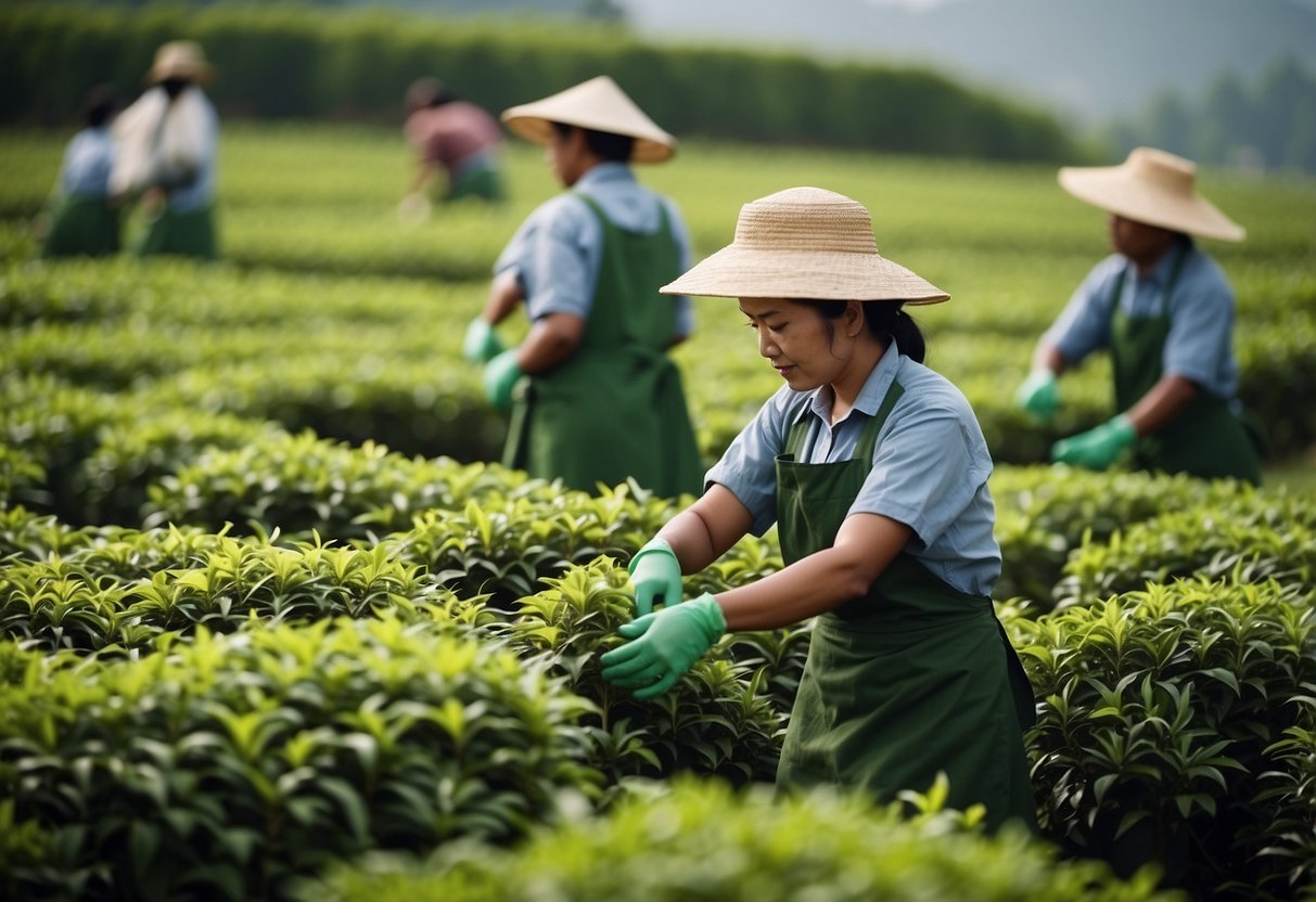 Lush green tea fields with workers hand-picking leaves. A traditional tea processing facility with workers carefully drying and fermenting the leaves