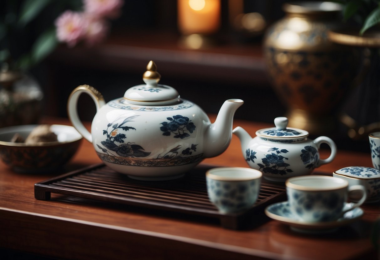 A traditional Chinese tea ceremony with tea set, brewing equipment, and decorative elements