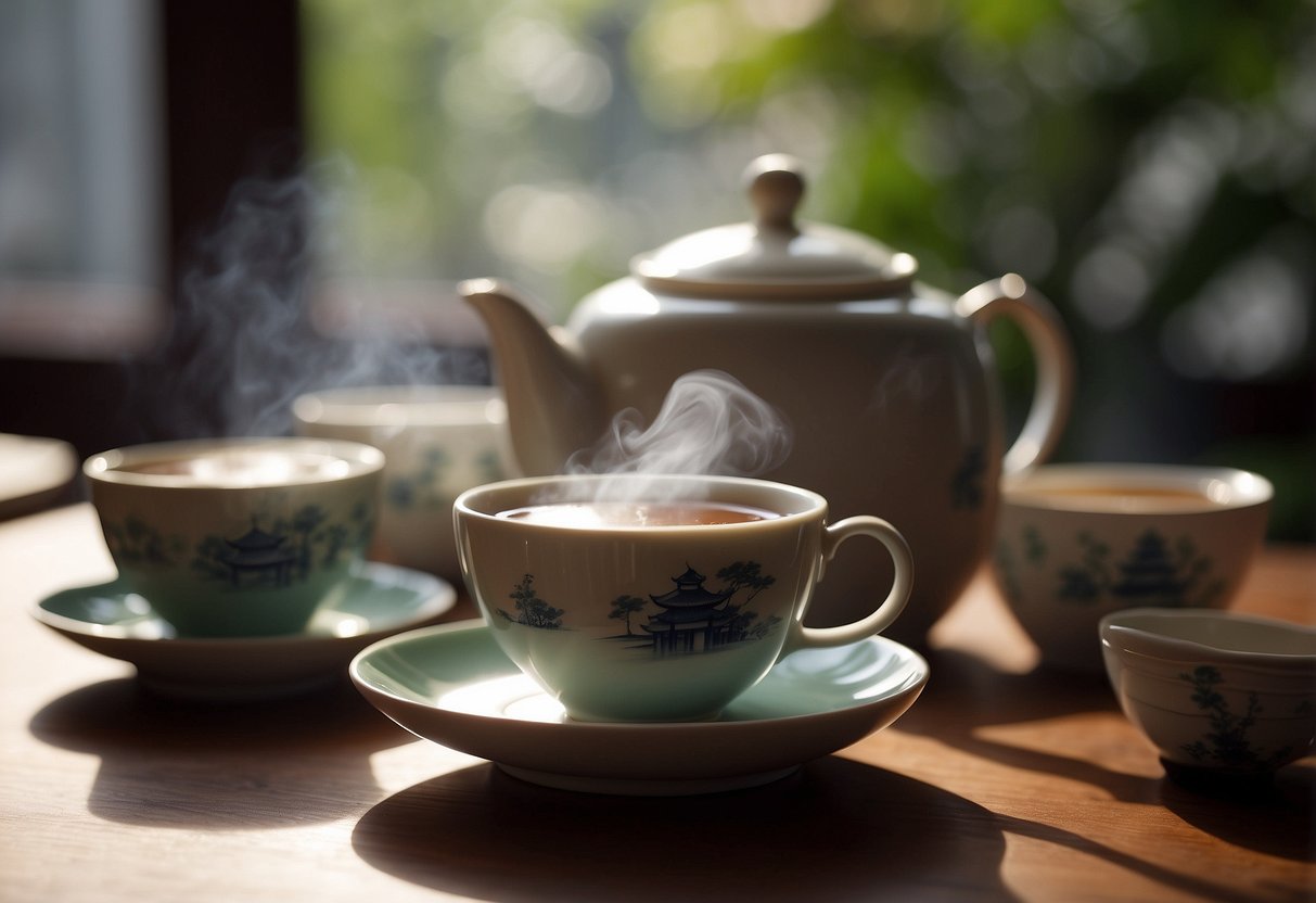 A steaming cup of Chinese tea sits on a wooden table, surrounded by delicate teacups and a traditional teapot. A small plate of dim sum complements the scene, adding to the sense of health and well-being