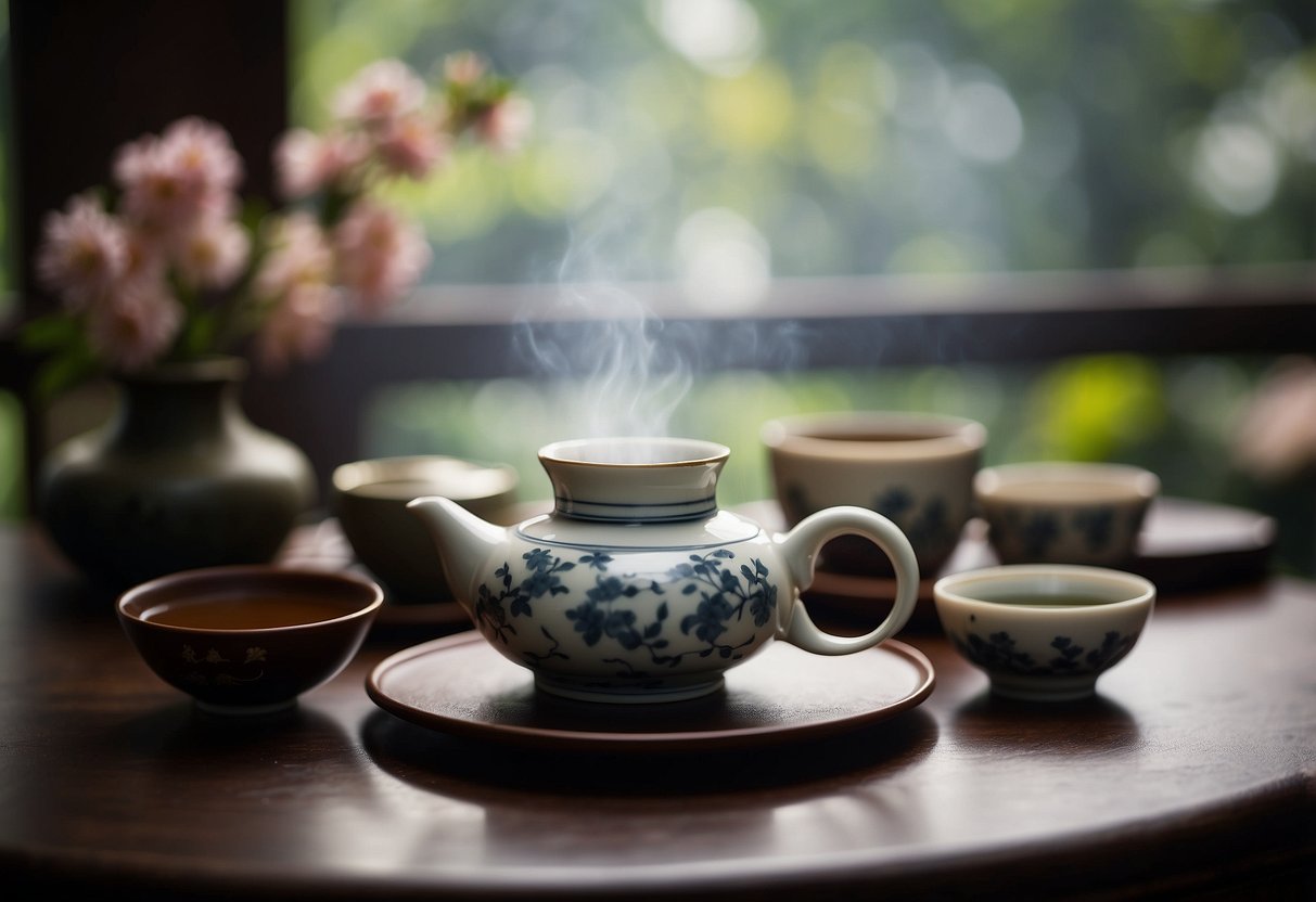 A serene tea ceremony with traditional Chinese teaware and a steaming cup of fragrant Chinese tea