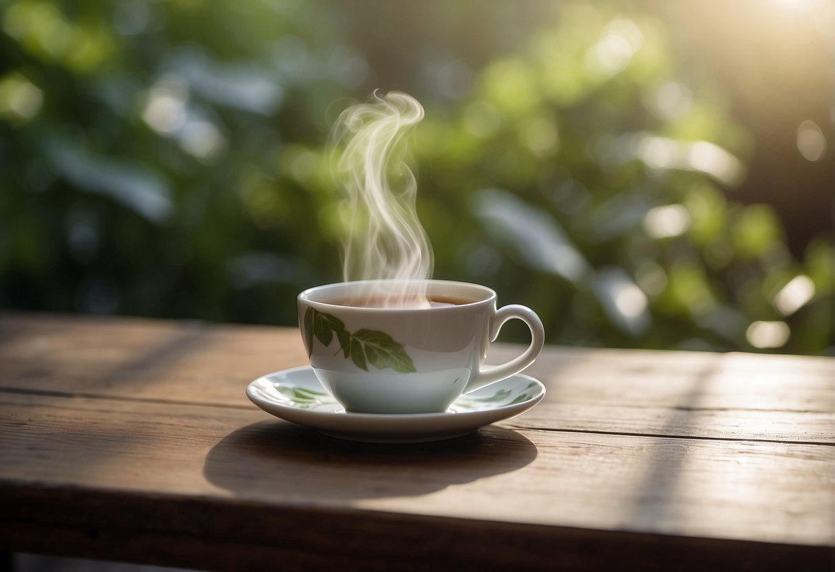 A serene setting with a steaming cup of Pu-erh tea placed on a wooden table, surrounded by greenery and natural light, evoking a sense of calm and wellness