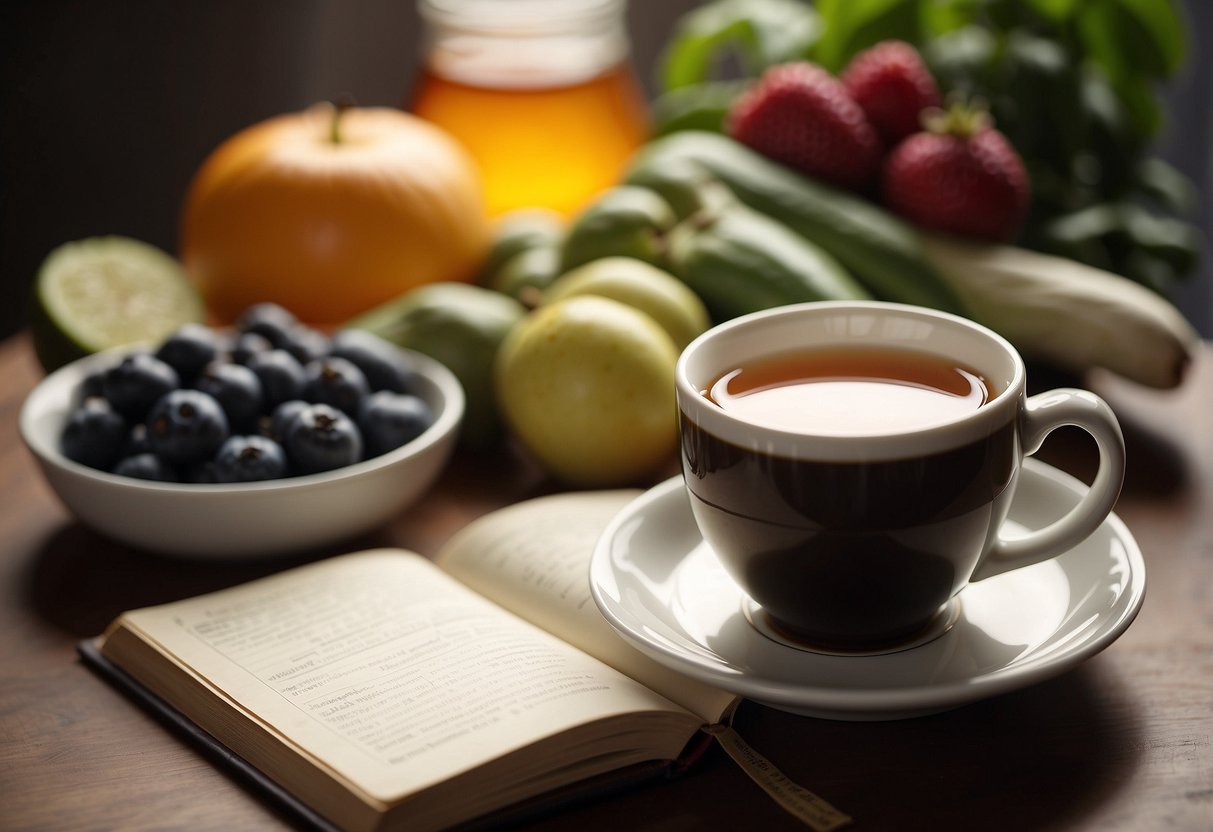 A steaming cup of pu-erh tea sits on a table, surrounded by fresh fruits and vegetables, with a journal open to a page titled "When to Drink Pu-erh Tea for Weight Loss."