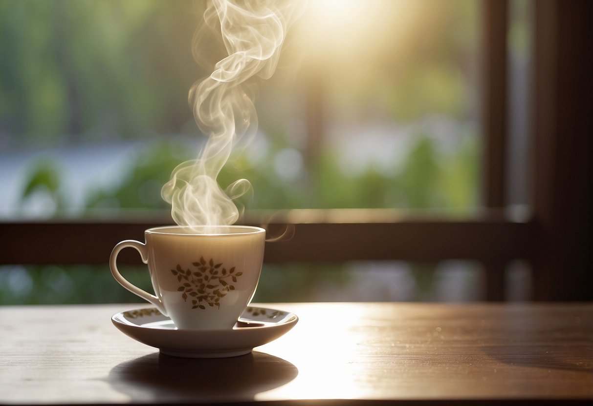 A steaming cup of pu-erh tea sits on a wooden table, surrounded by a serene and peaceful setting, with soft natural light streaming in from a nearby window