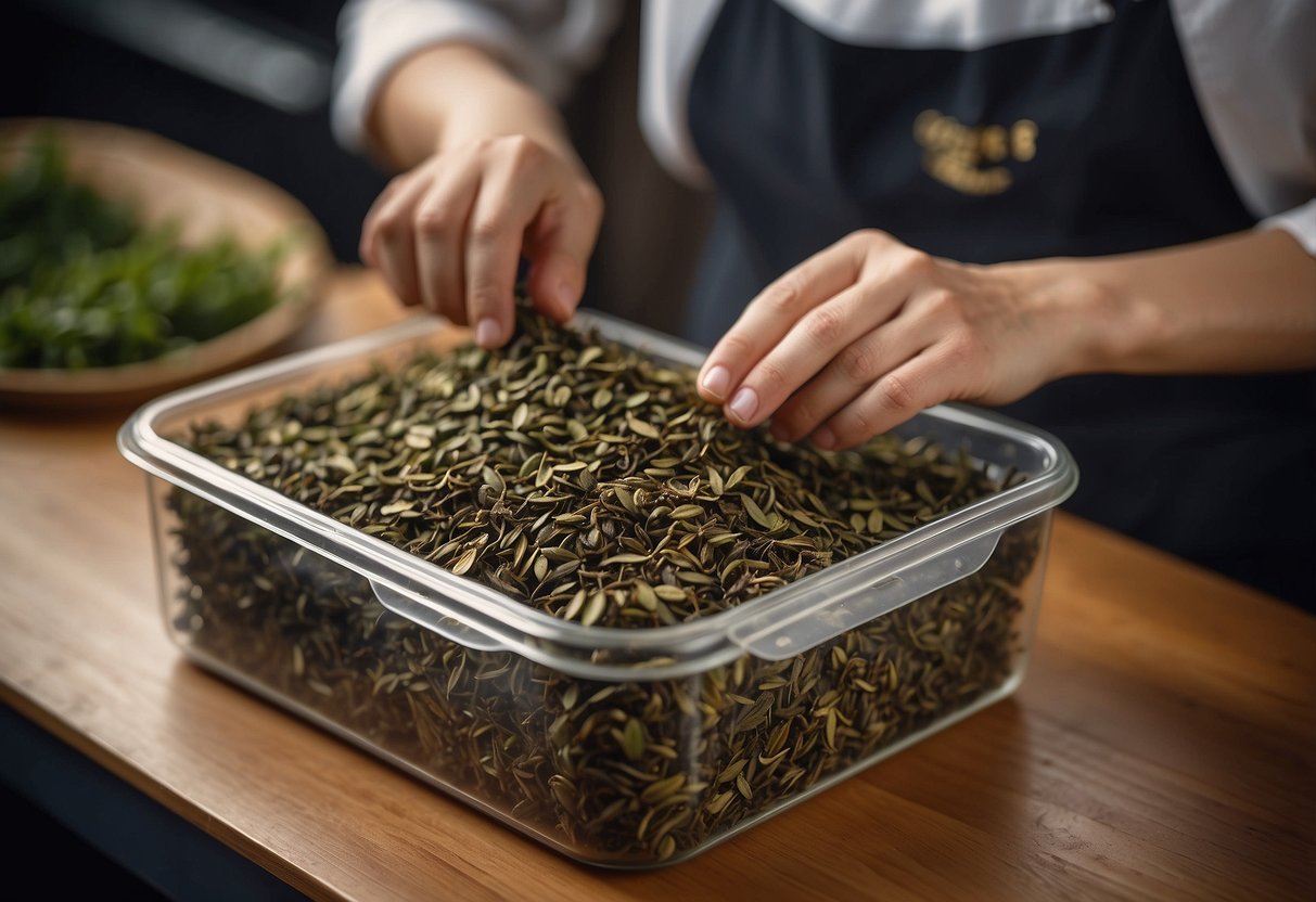 Tea leaves being placed in airtight container with label "pu erh" for storage