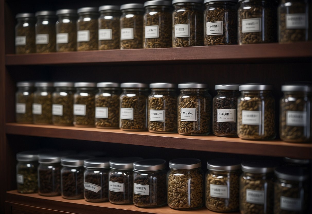 A shelf with airtight containers of pu erh tea, kept in a cool, dark, and dry environment. A thermometer and humidity monitor are visible, showing optimal storage conditions