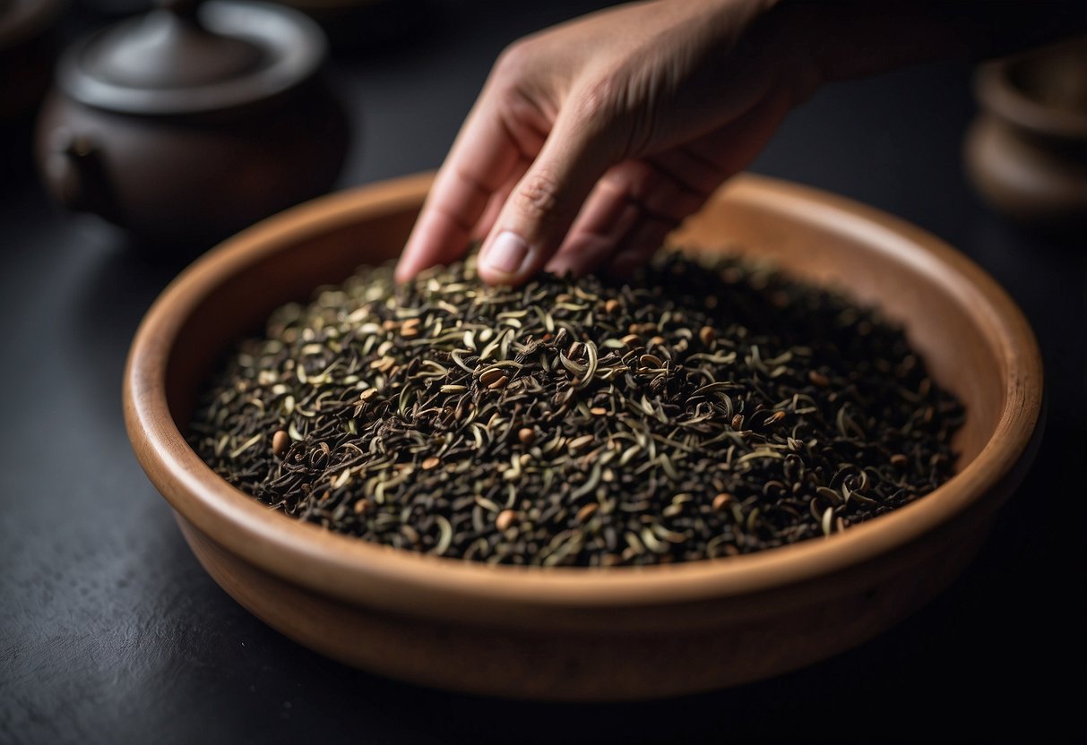 A hand reaches for a tightly sealed container of Pu-erh tea, stored in a cool, dark place. The tea is carefully removed and placed in a tea tray, ready to be refreshed with hot water