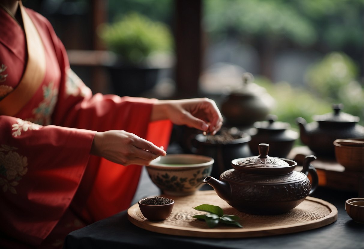 A traditional Chinese tea ceremony featuring pu-erh tea brewing techniques. The tea is from Yunnan province, with the unique aroma and flavor