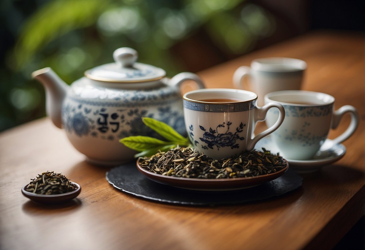 A table with a teapot, cup, and a tea leaf. A sign reads "Recommended Daily Consumption: 2 cups of pu erh tea a day."