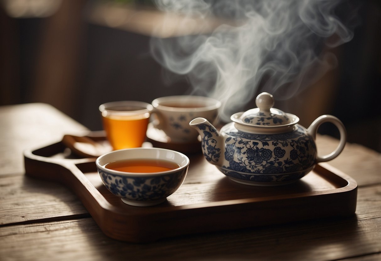 A teapot pours Pu-Erh tea into cups on a wooden tray