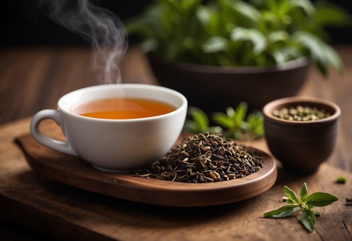 A steaming cup of Pu-Erh tea sits on a wooden table, surrounded by a selection of fresh herbs and a scale for measuring