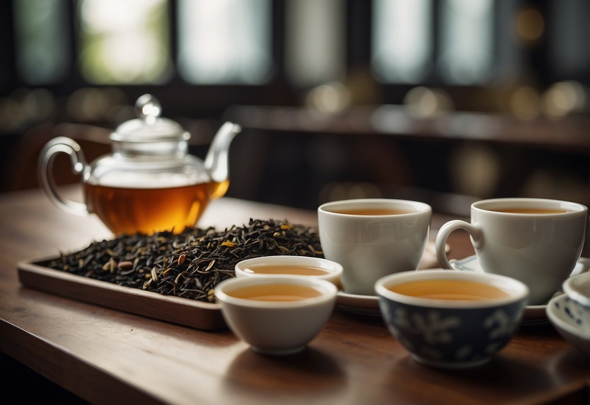 A table with multiple cups of pu erh tea, some empty, some full, and a sign indicating the recommended daily intake